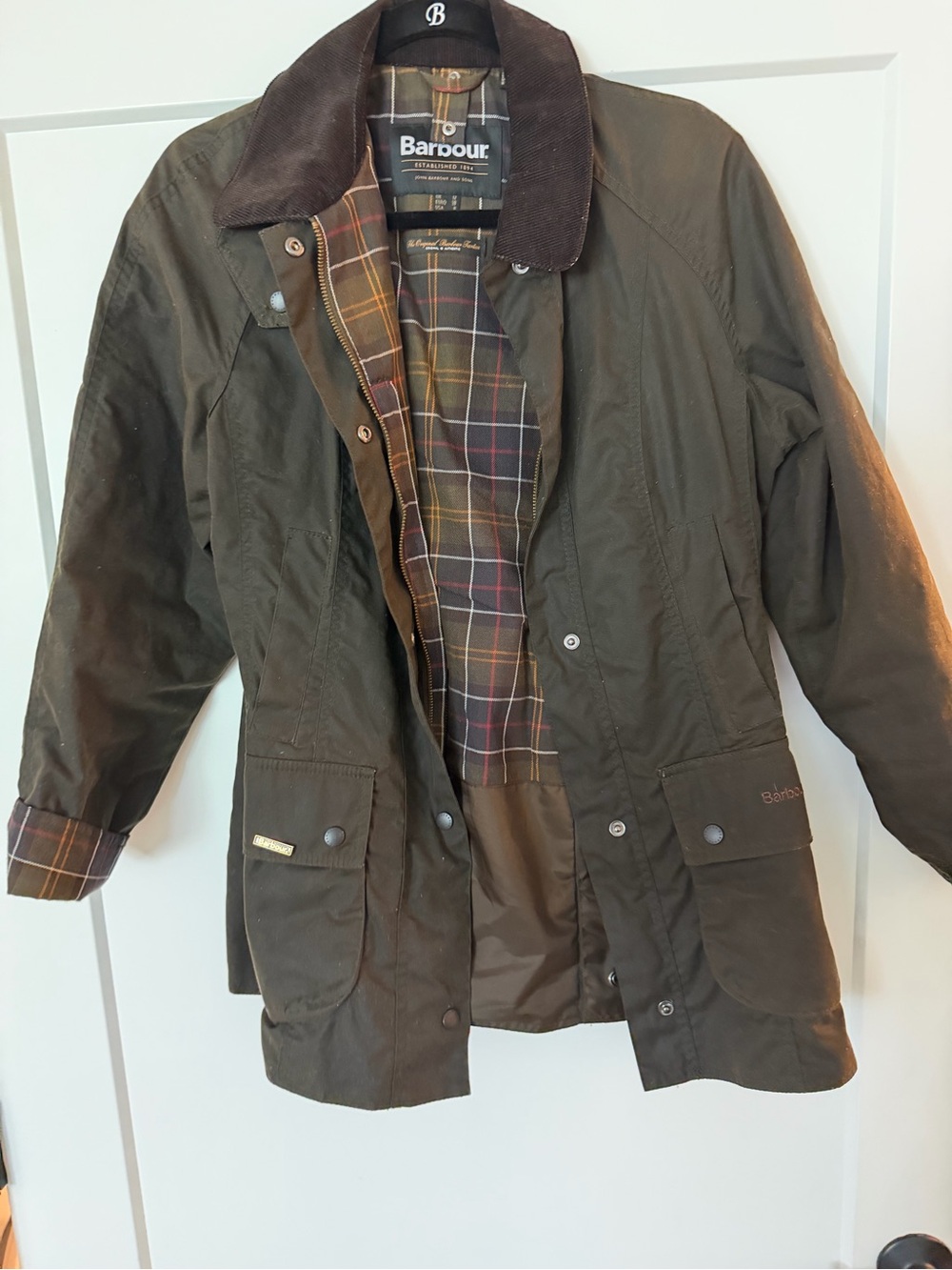 Barbour Dark Olive Waxed Field Jacket with Corduroy Collar - Picture 1 of 8